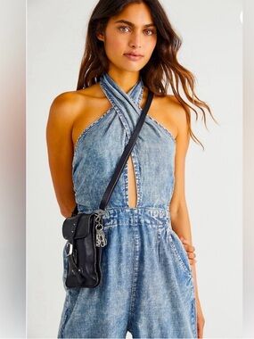 Free People Blue Washed Denim Halter Jumpsuit